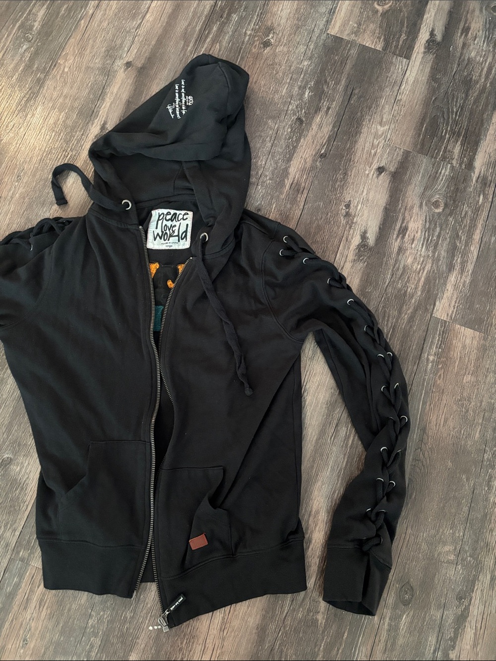 Peace Love World Black Lace-Up Sleeve Zip Hoodie Jacket
